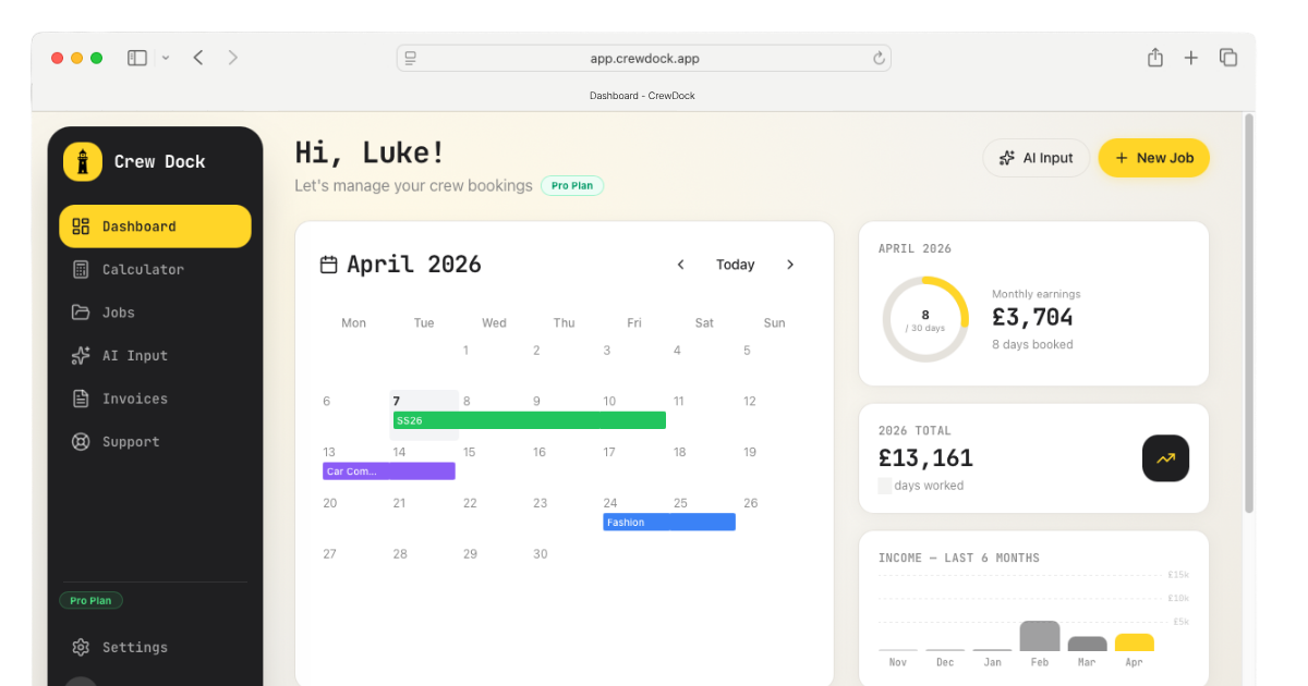 CrewDock APA rate calculator dashboard showing day rate and overtime breakdown for UK film crew
